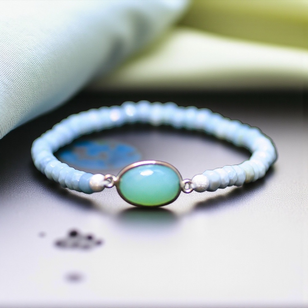 New Natural Peru Blue Opal Stretch Bracelet Sterling Silver, 14th Anniversary